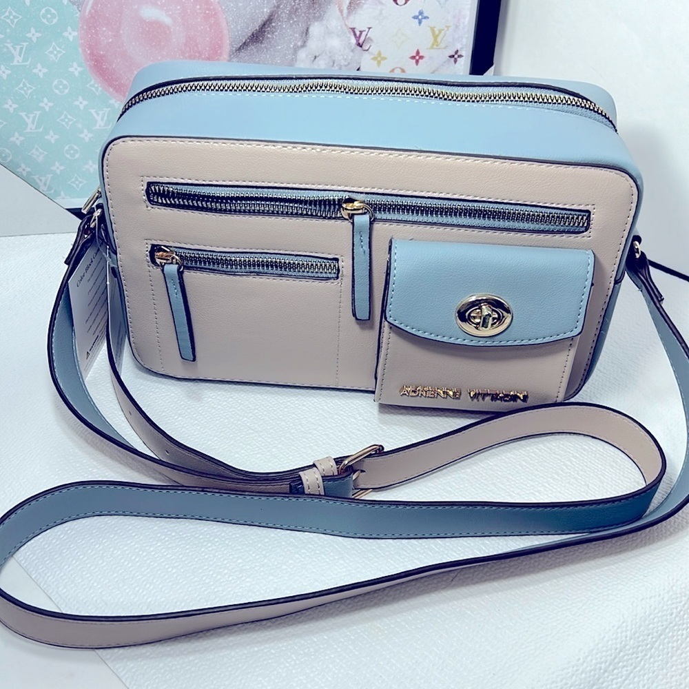 Adrienne Vittadini Lafayette Color Block Camera Bag Sand Denim AVH8459 NEW